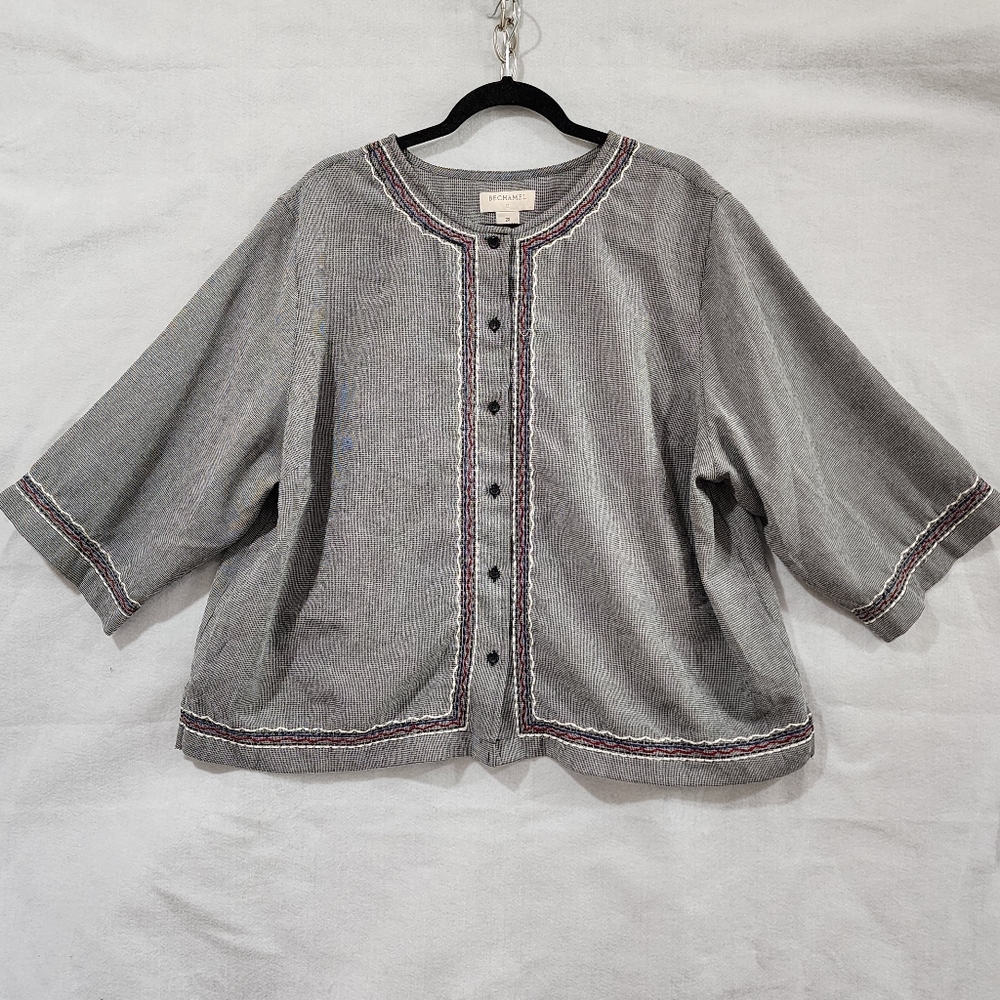Bechamel Womens Shirt Black 2X Button Up Embroidered Lace Trim 3/4 Sleeve